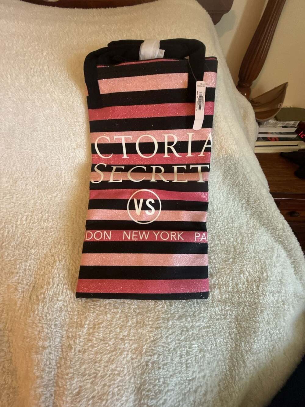 Victoria's Secret Black and Pink Glitter Stripe Canvas Tote Bag‎